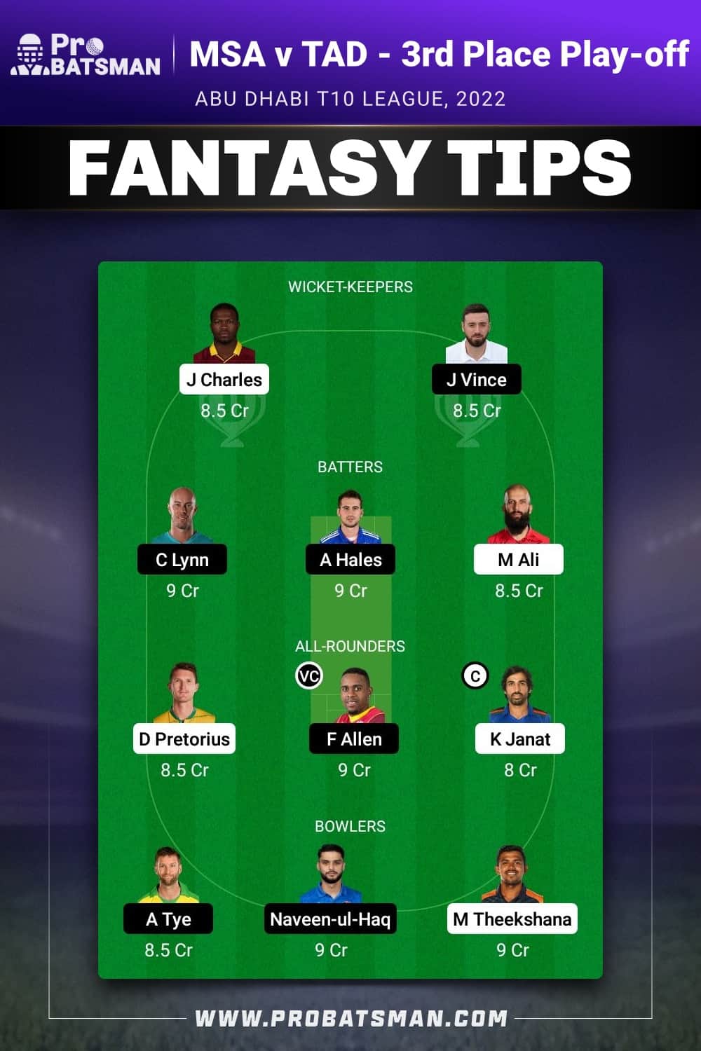 MSA vs TAD Dream11 Prediction - Fantasy Team 1