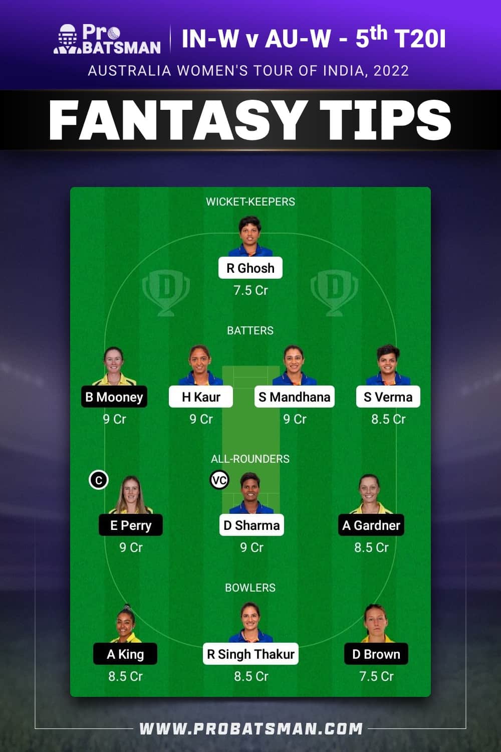 IN-W vs AU-W Dream11 Prediction - Fantasy Team 1 IN-W vs AU-W Dream11 Prediction - Fantasy Team 1