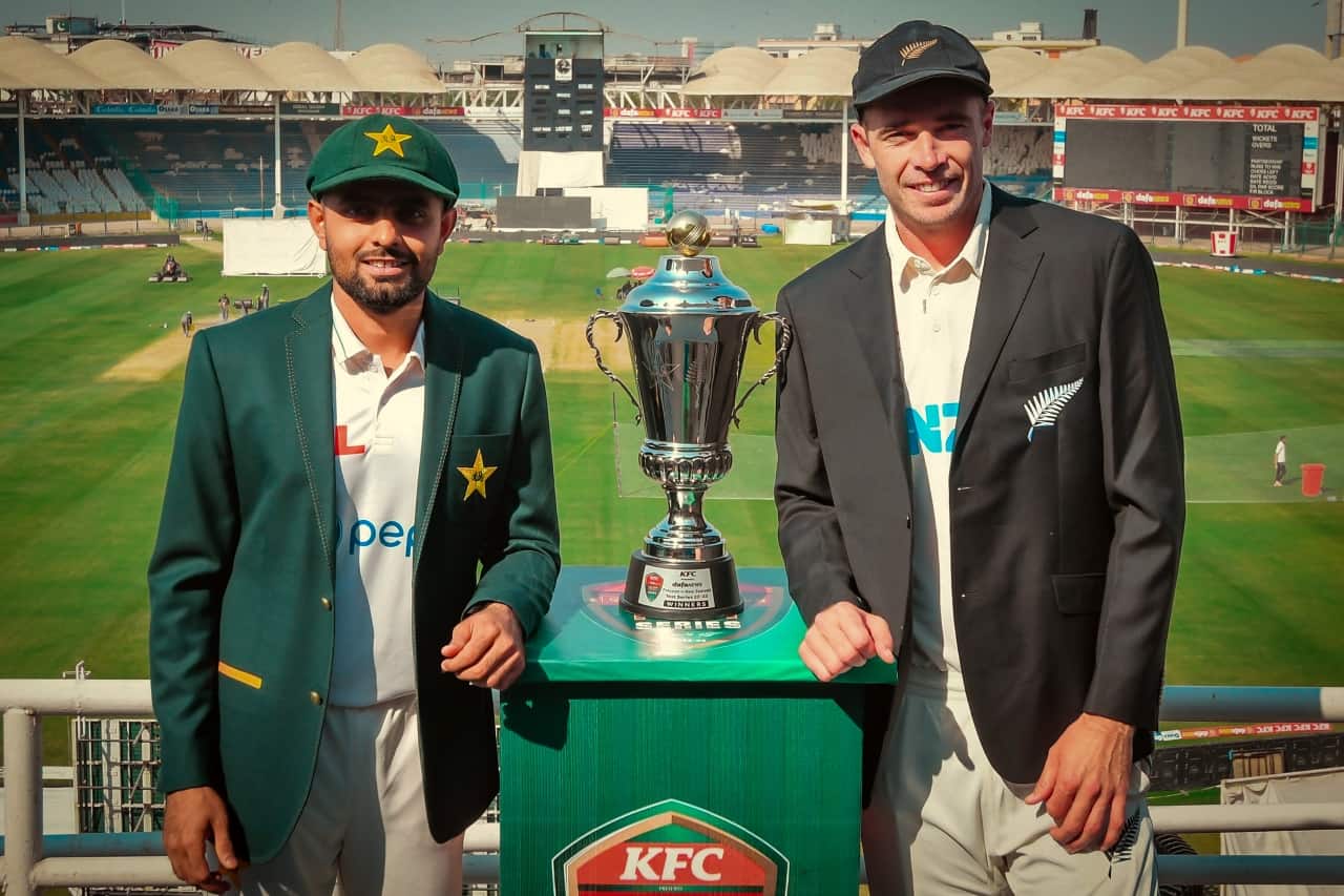 Babar Azam of Pakistan & Tim Southee of New Zealand with Trophy for New Zealand tour of Pakistan 2022-23