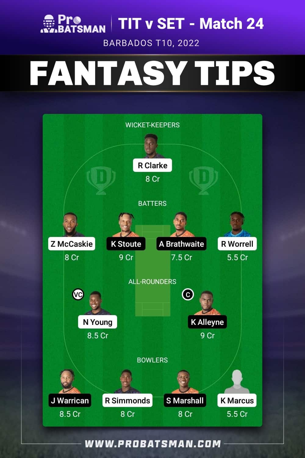 TIT vs SET Dream11 Prediction - Fantasy Team 1