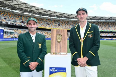 Dean Elgar & Pat Cummins with Trophy AUS vs SA - South Africa tour of Australia 2022-23