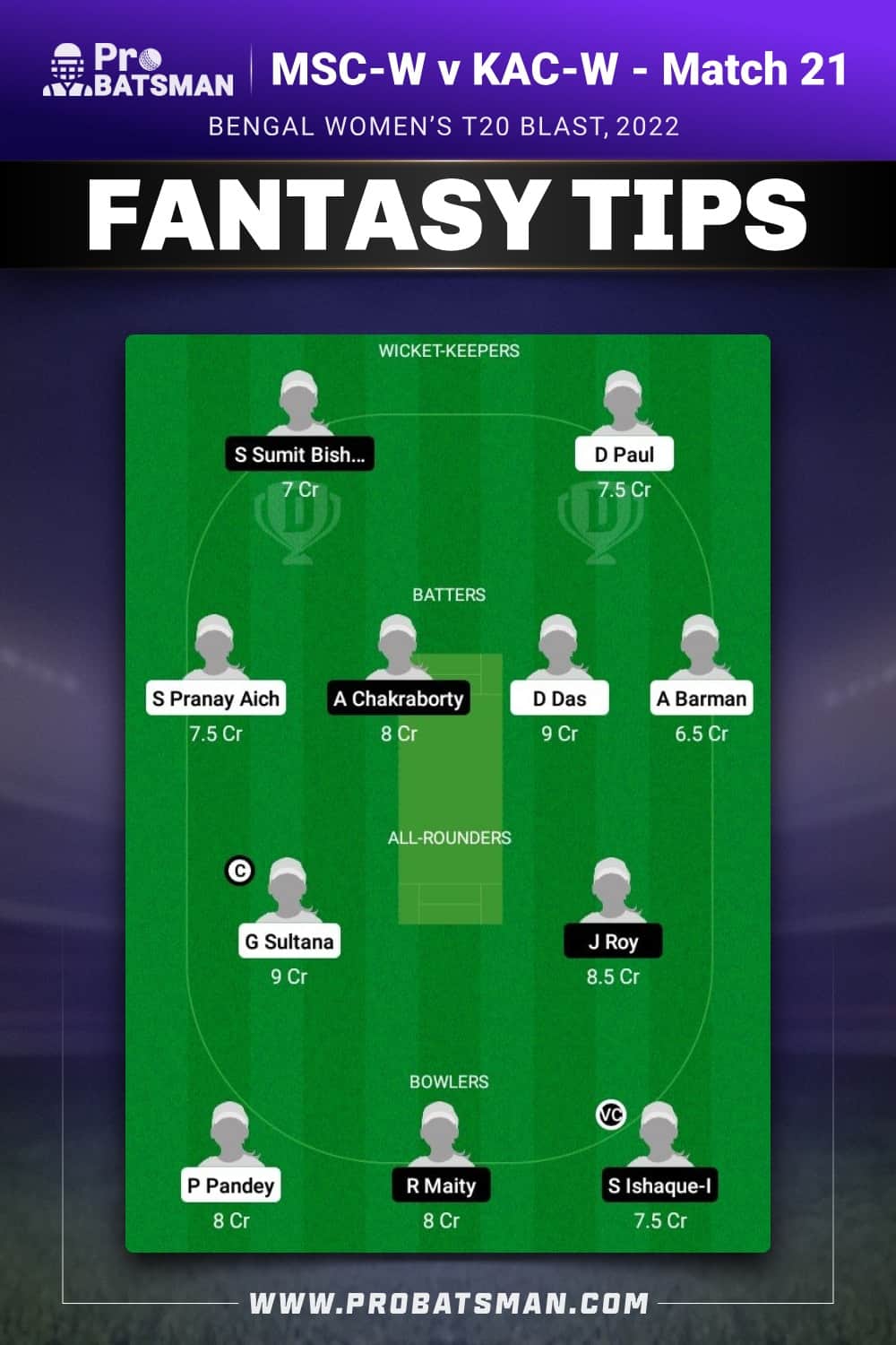 MSC-W vs KAC-W Dream11 Prediction - Fantasy Team 1