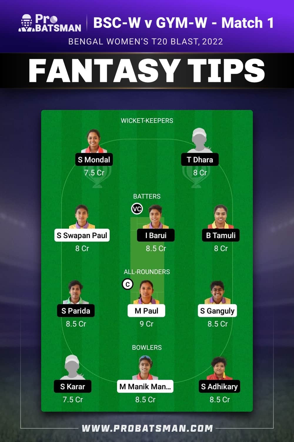 BSC-W vs GYM-W Dream11 Prediction - Fantasy Team 1