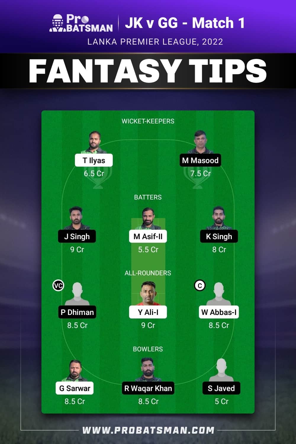 JK vs GG Dream11 Prediction - Fantasy Team 1