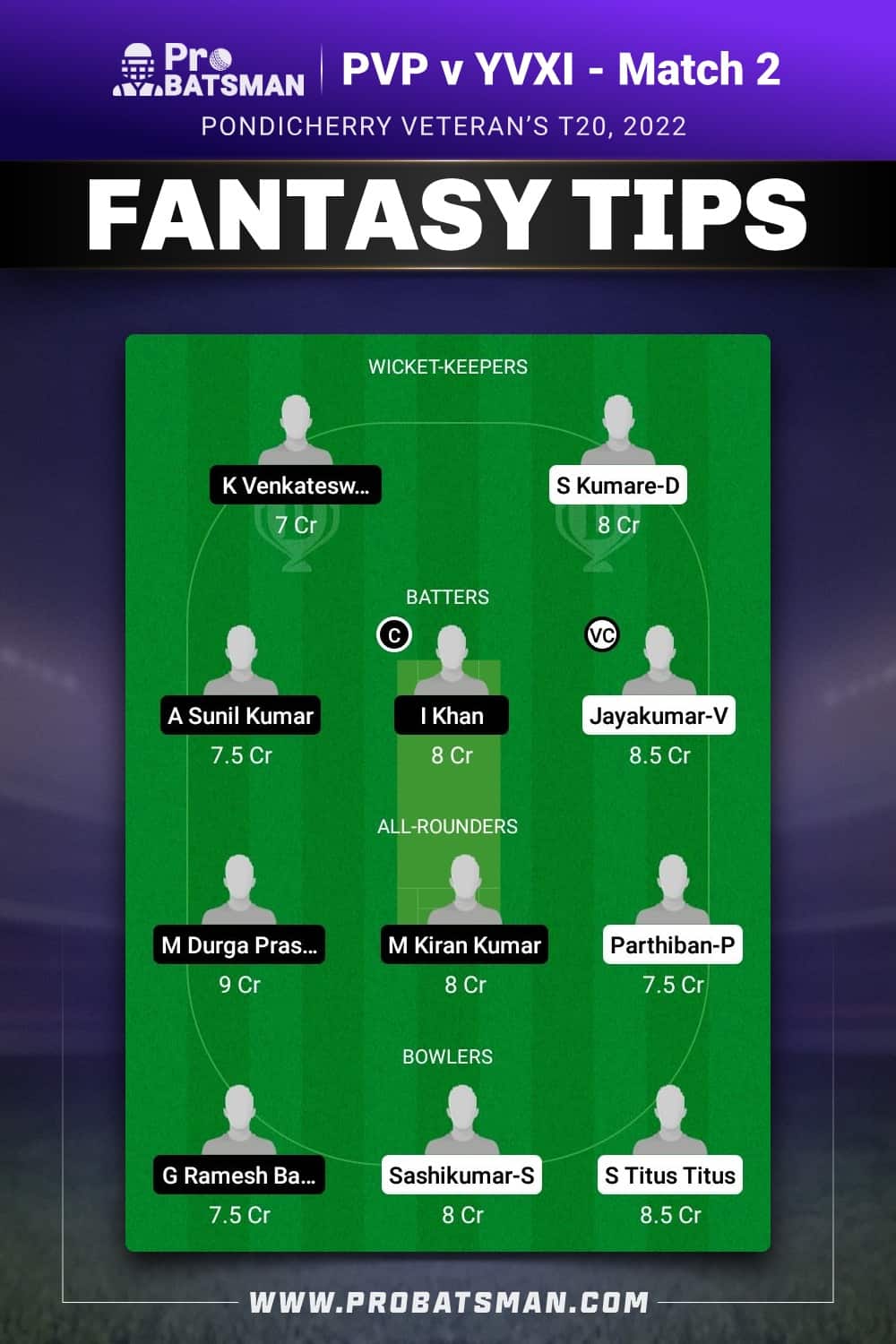 PVP vs YVXI Dream11 Prediction - Fantasy Team 1