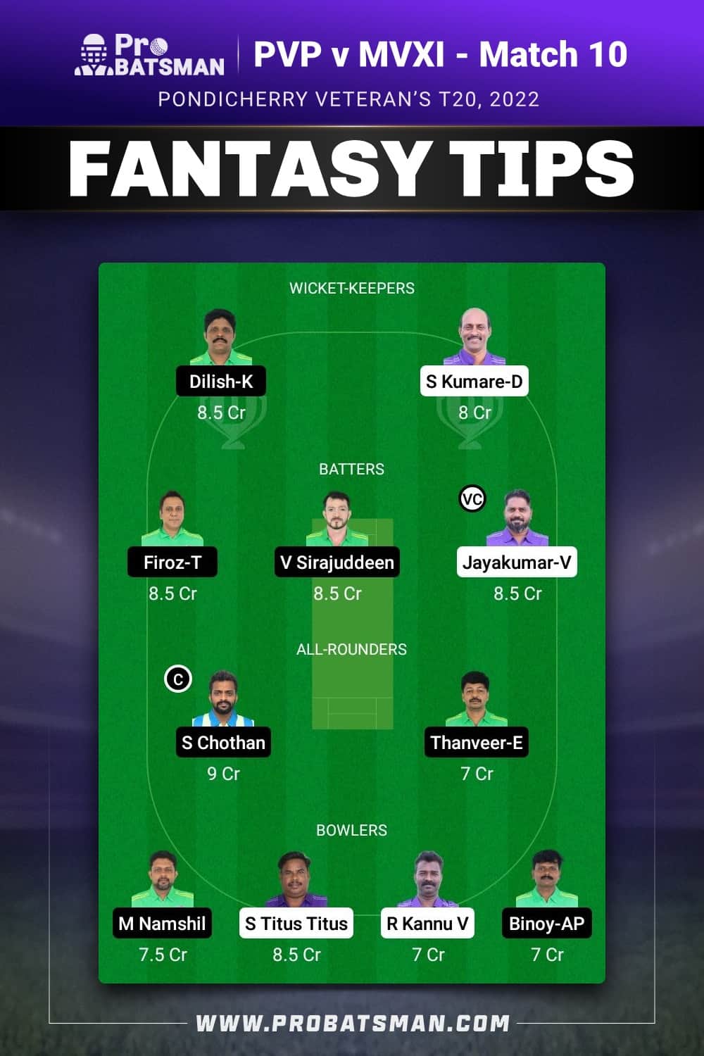 PVP vs MVXI Dream11 Prediction -  Fantasy Team 1