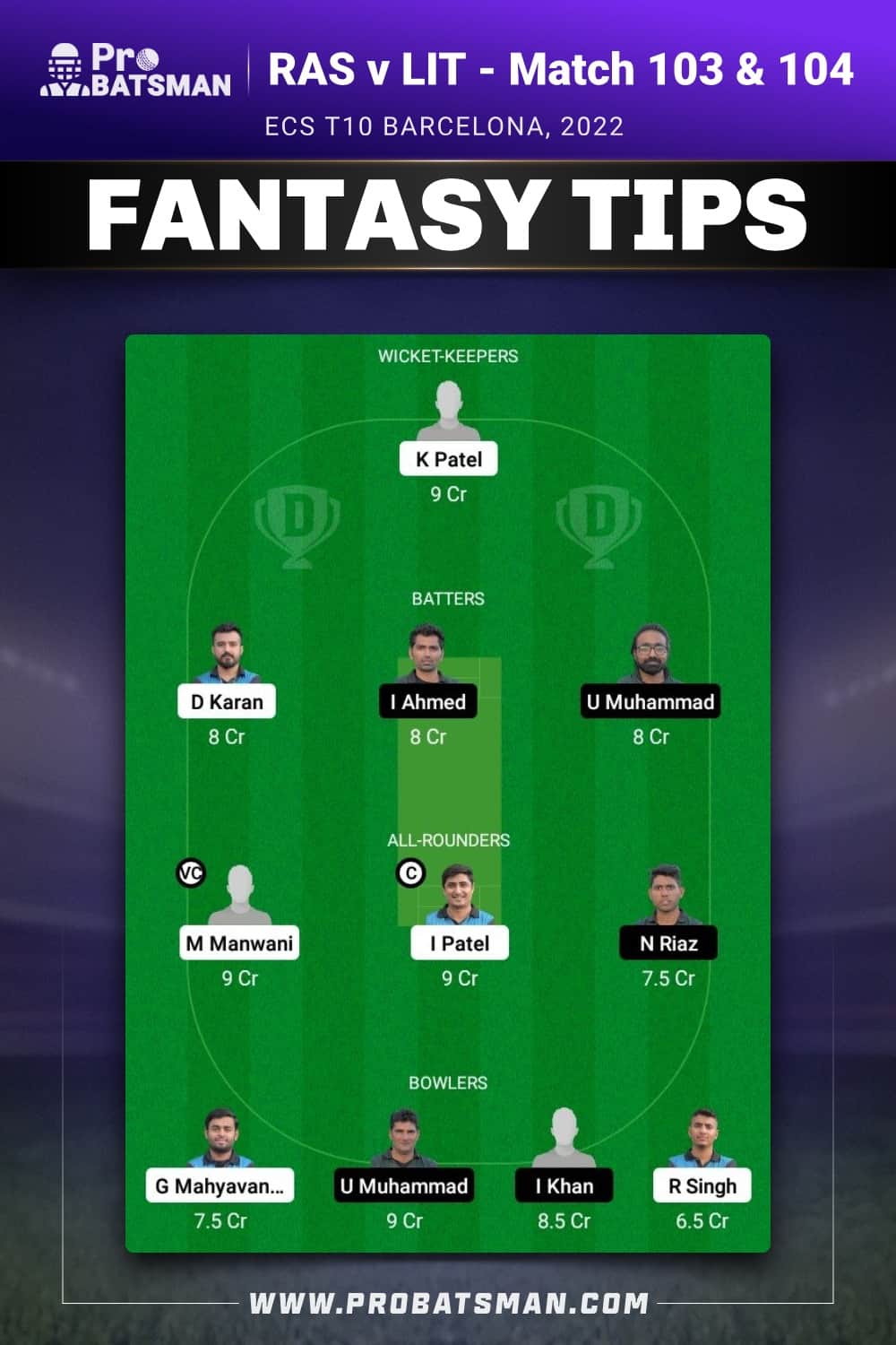 RAS vs LIT Dream11 Prediction - Fantasy Team 1