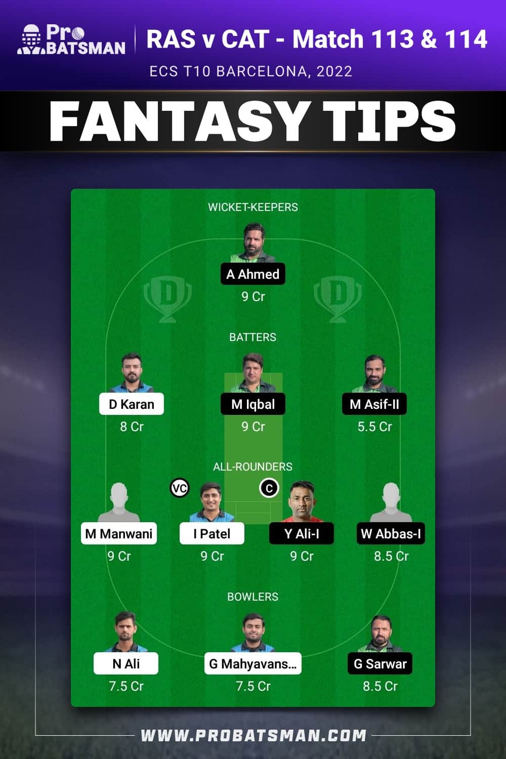 RAS vs CAT Dream11 Prediction - Fantasy Team 1