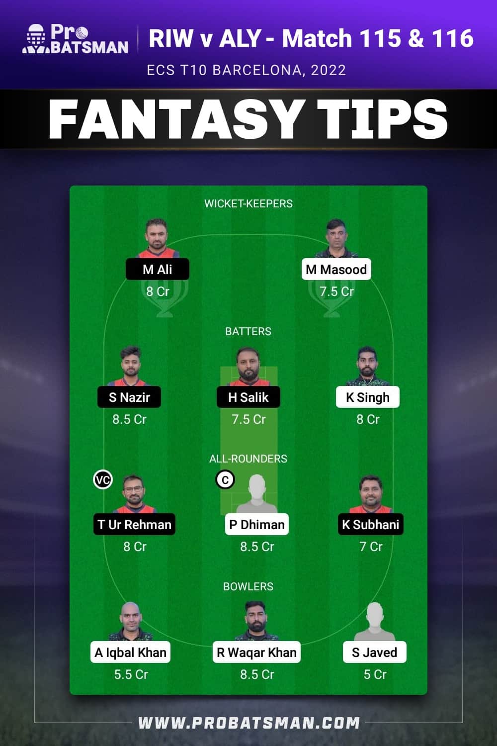 RIW vs ALY Dream11 Prediction - Fantasy Team 1