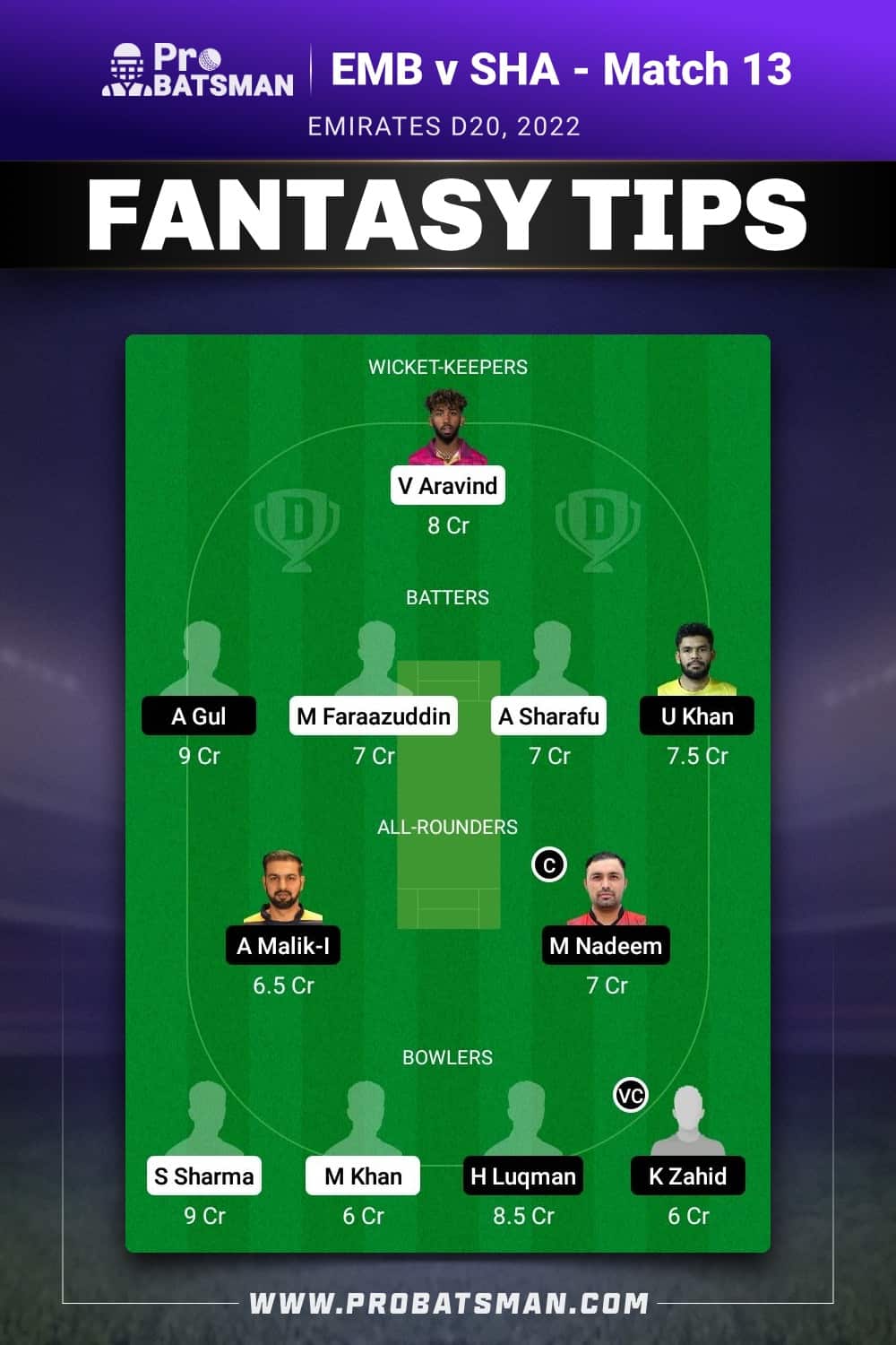 EMB vs SHA Dream11 Prediction - Fantasy Team 1