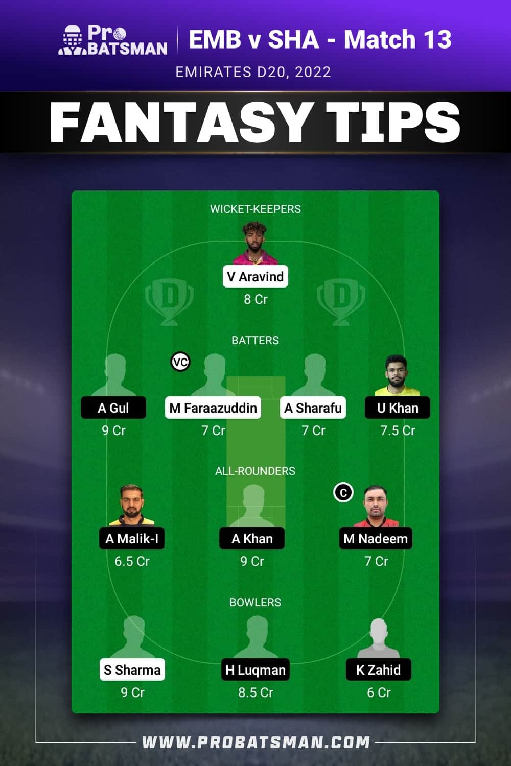 EMB vs SHA Dream11 Prediction - Fantasy Team 2