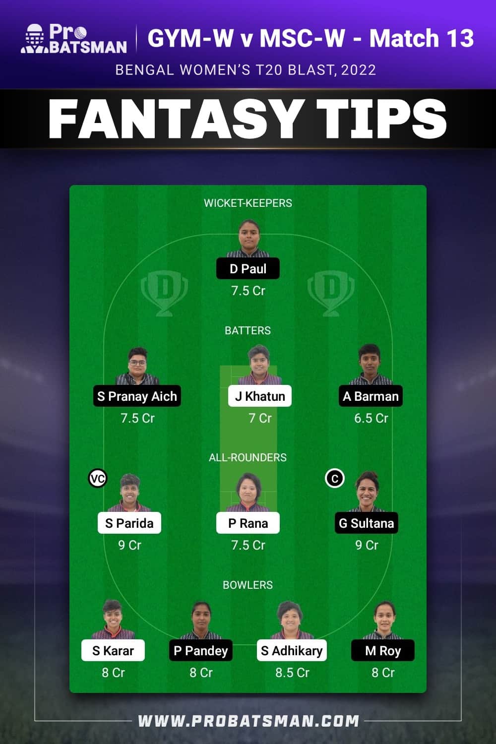 GYM-W vs MSC-W Dream11 Prediction - Fantasy Team 1