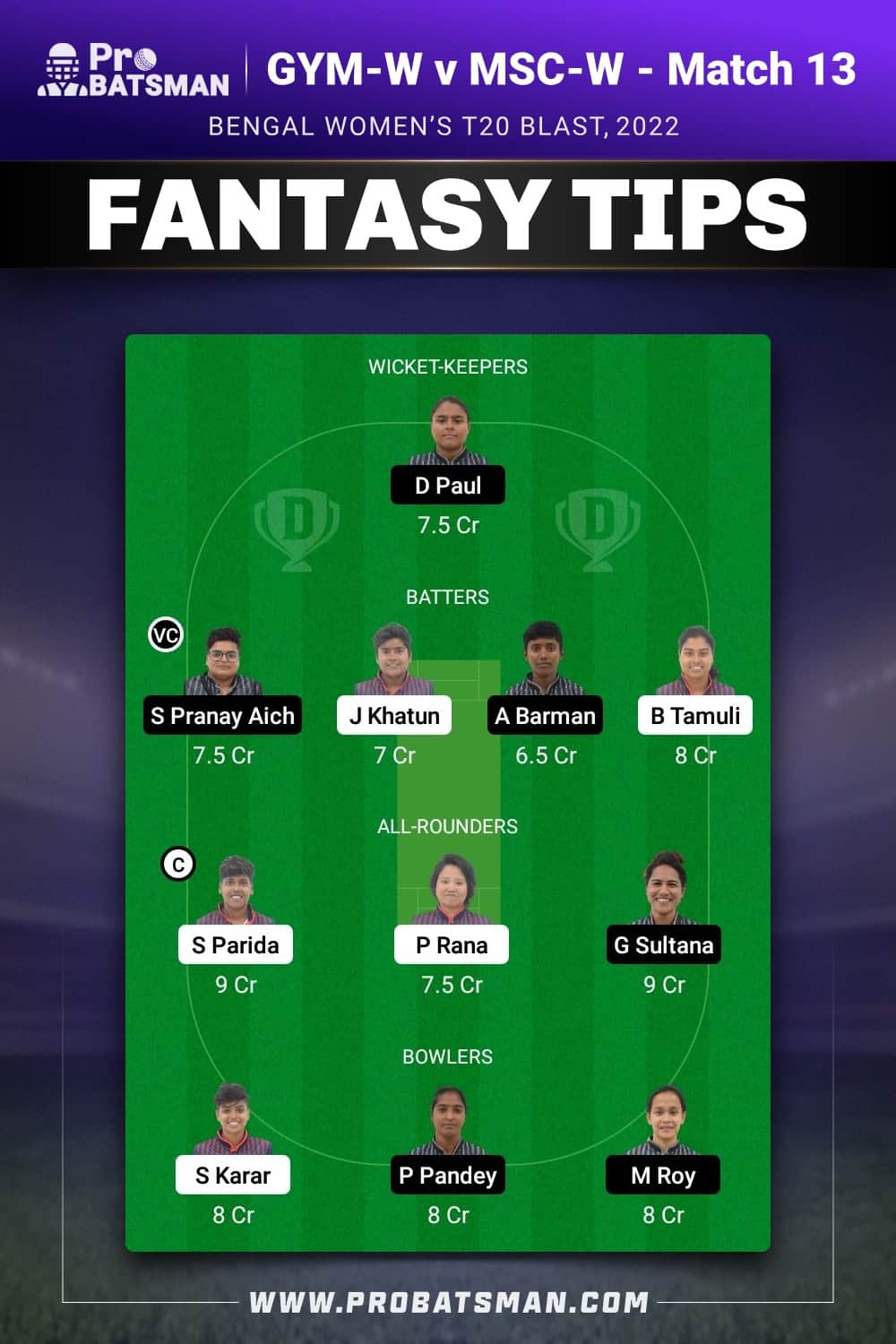 GYM-W vs MSC-W Dream11 Prediction - Fantasy Team 2