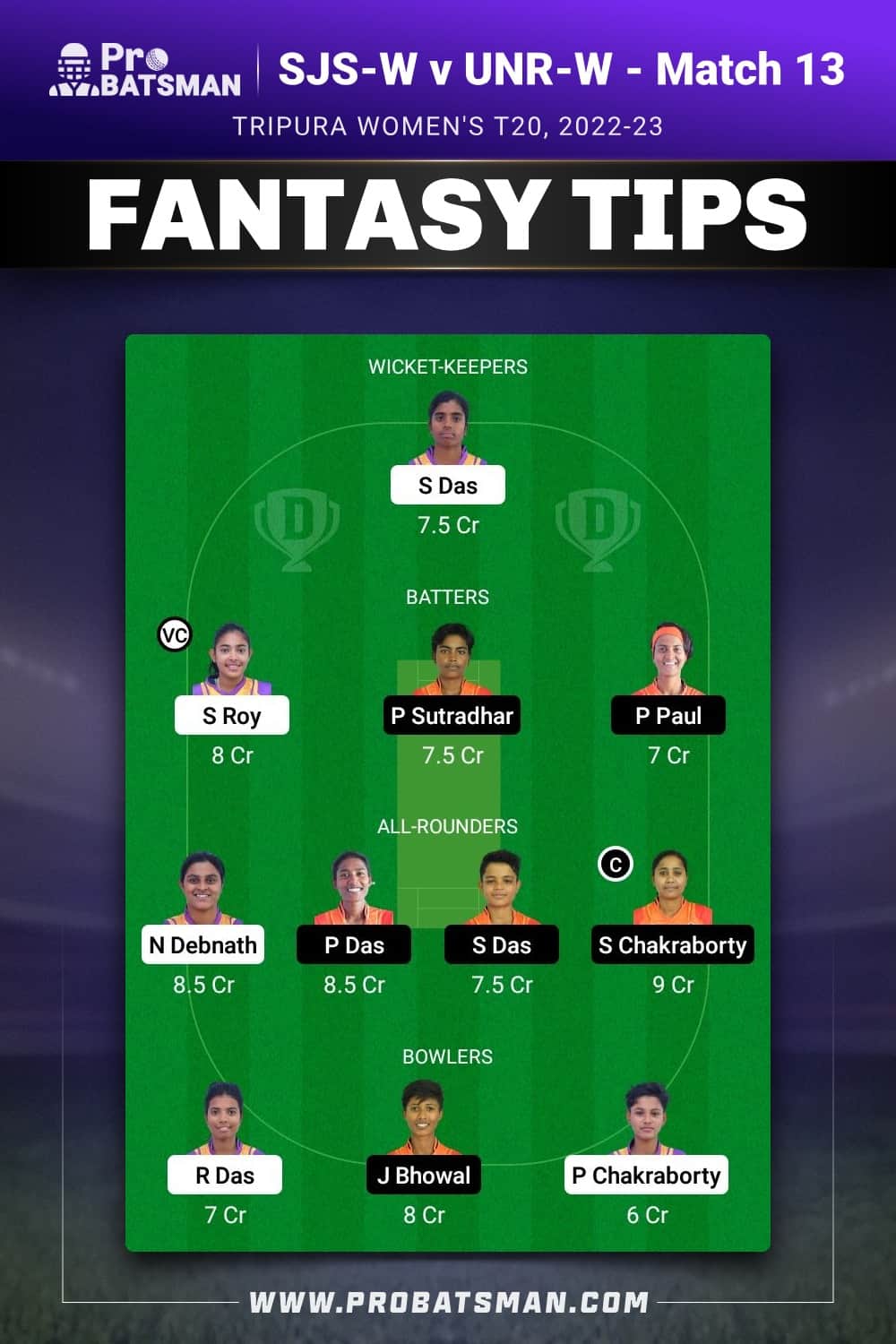 SJS-W vs UNR-W Dream11 Prediction - Fantasy Team 1