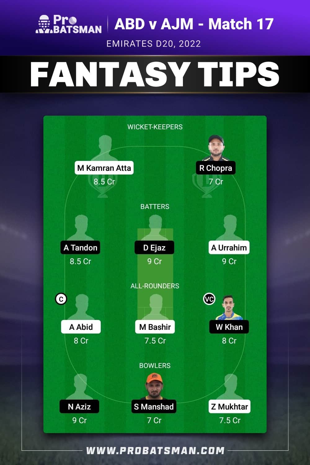 ABD vs AJM Dream11 Prediction - Fantasy Team 1 ABD vs AJM Dream11 Prediction - Fantasy Team 1