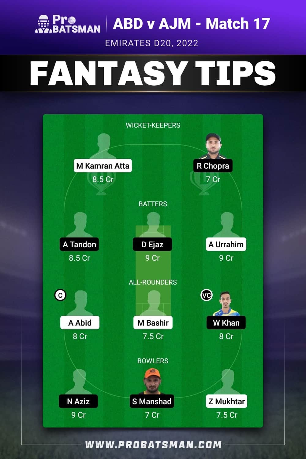 ABD vs AJM Dream11 Prediction - Fantasy Team 1