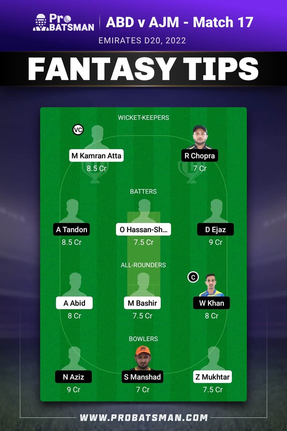 ABD vs AJM Dream11 Prediction - Fantasy Team 2 ABD vs AJM Dream11 Prediction - Fantasy Team 2