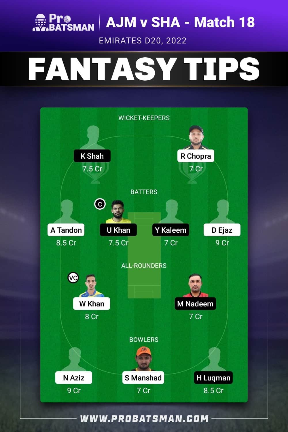 AJM vs SHA Dream11 Prediction - Fantasy Team 1