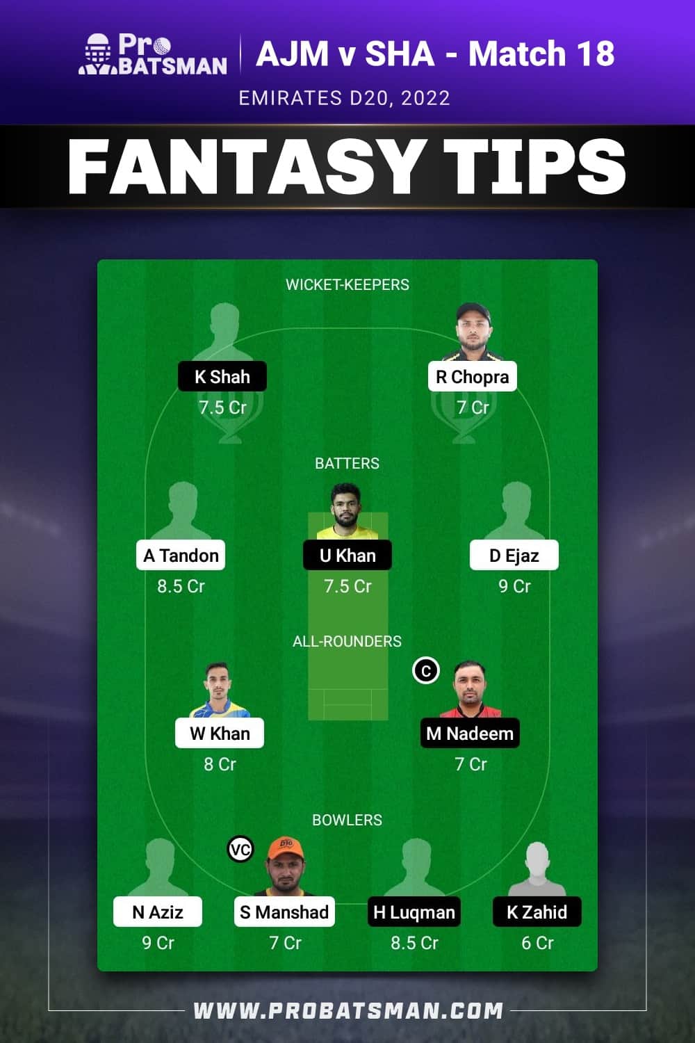 AJM vs SHA Dream11 Prediction - Fantasy Team 2