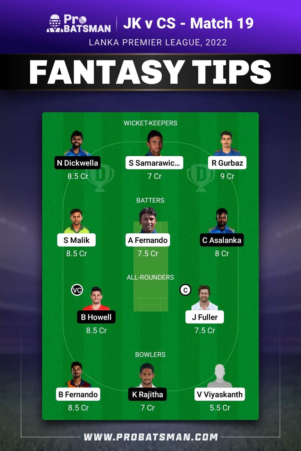 JK vs CS Dream11 Prediction - Fantasy Team 1