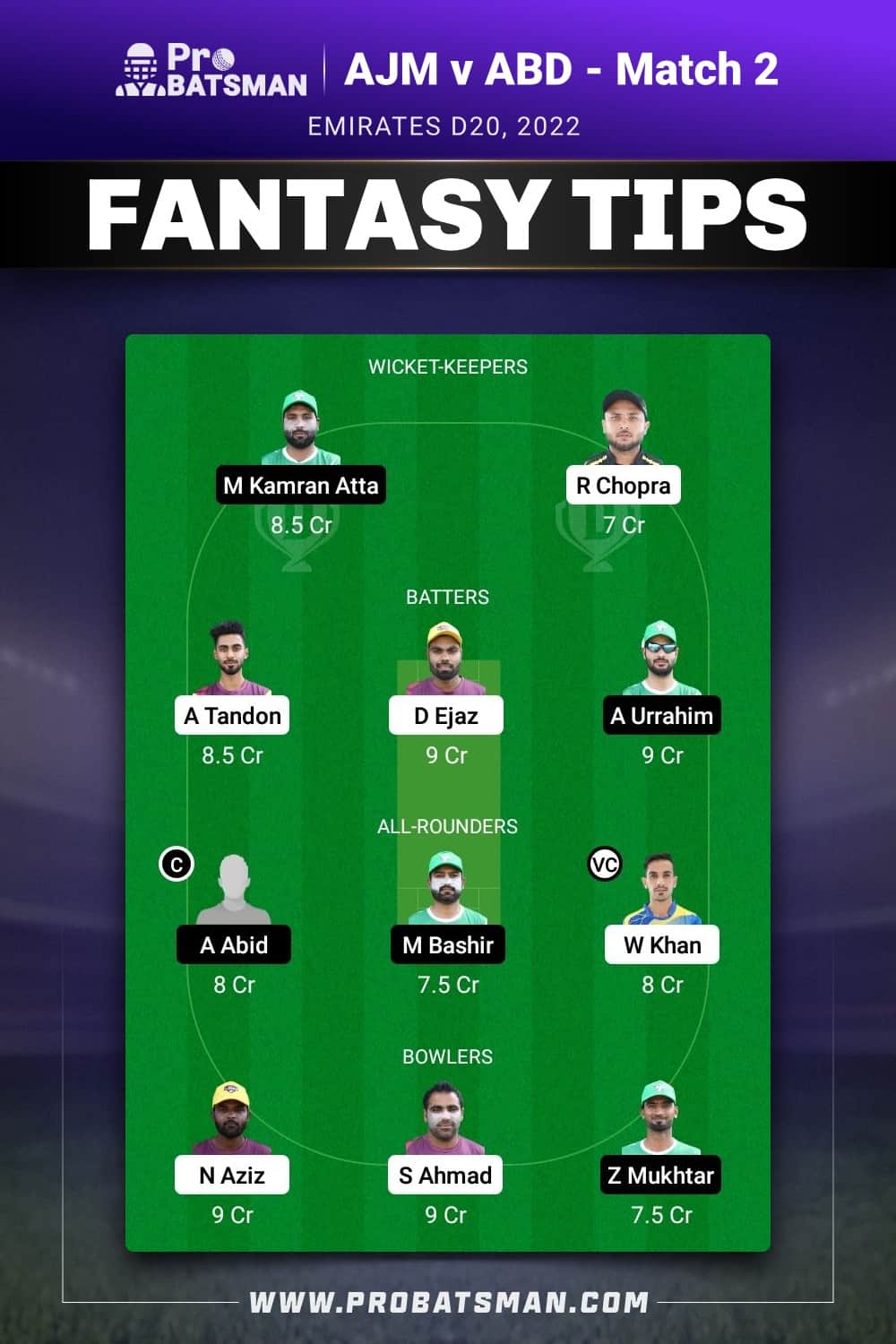AJM vs ABD Dream11 Prediction - Fantasy Team 1 AJM vs ABD Dream11 Prediction - Fantasy Team 1