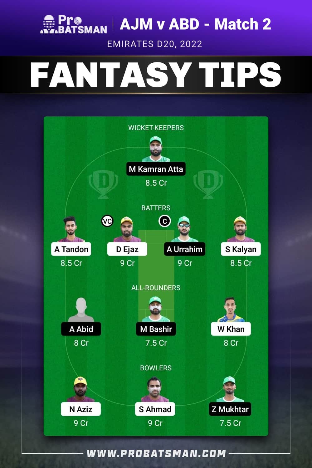 AJM vs ABD Dream11 Prediction - Fantasy Team 2