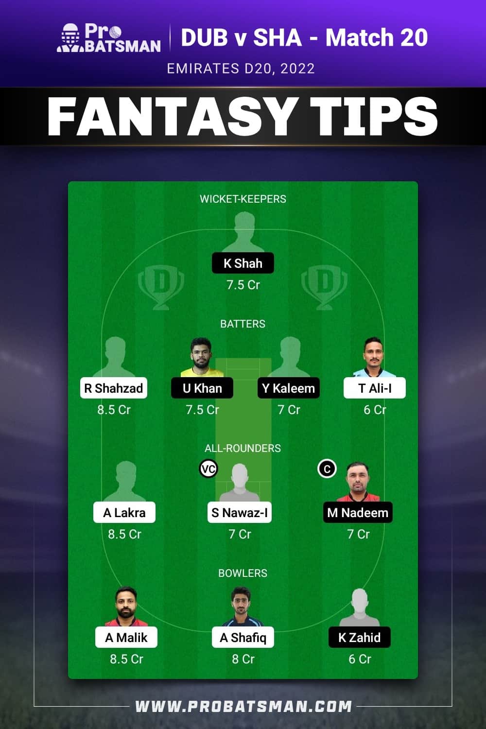 DUB vs SHA Dream11 Prediction - Fantasy Team 1