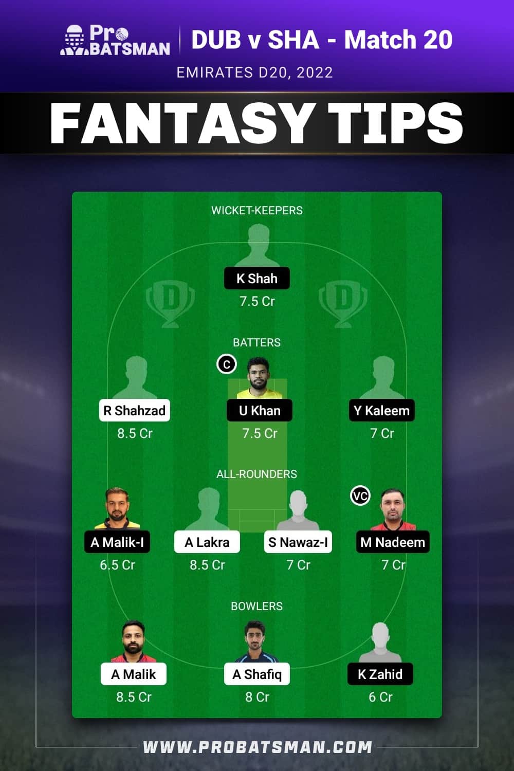 DUB vs SHA Dream11 Prediction - Fantasy Team 2