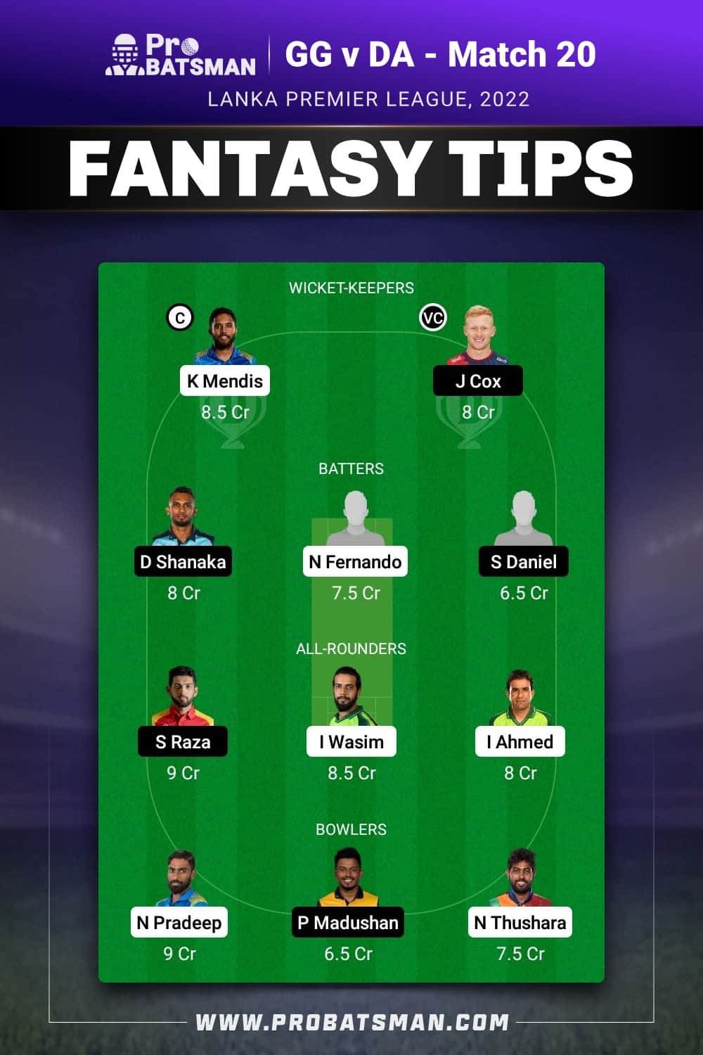 GG vs DA Dream11 Prediction - Fantasy Team 1