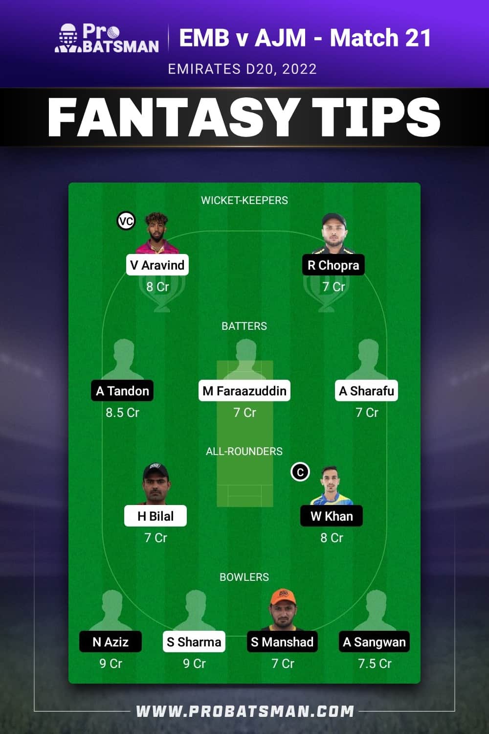 EMB vs AJM Dream11 Prediction - Fantasy Team 1