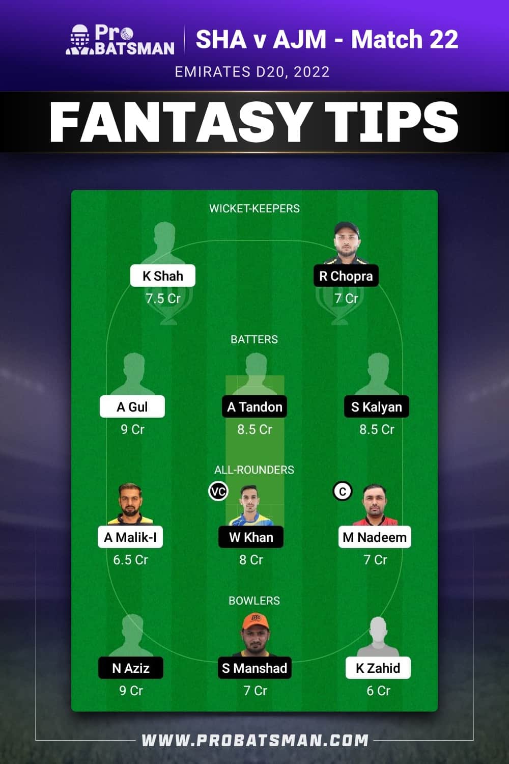 SHA vs AJM Dream11 Prediction - Fantasy Team 1