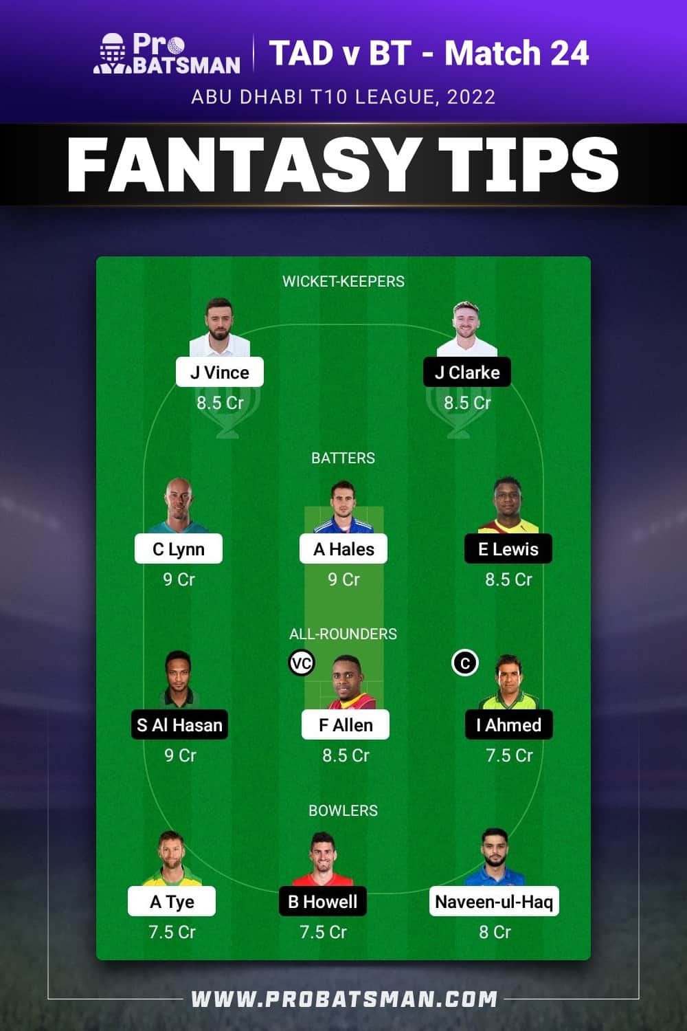 TAD vs BT Dream11 Prediction - Fantasy Team 1