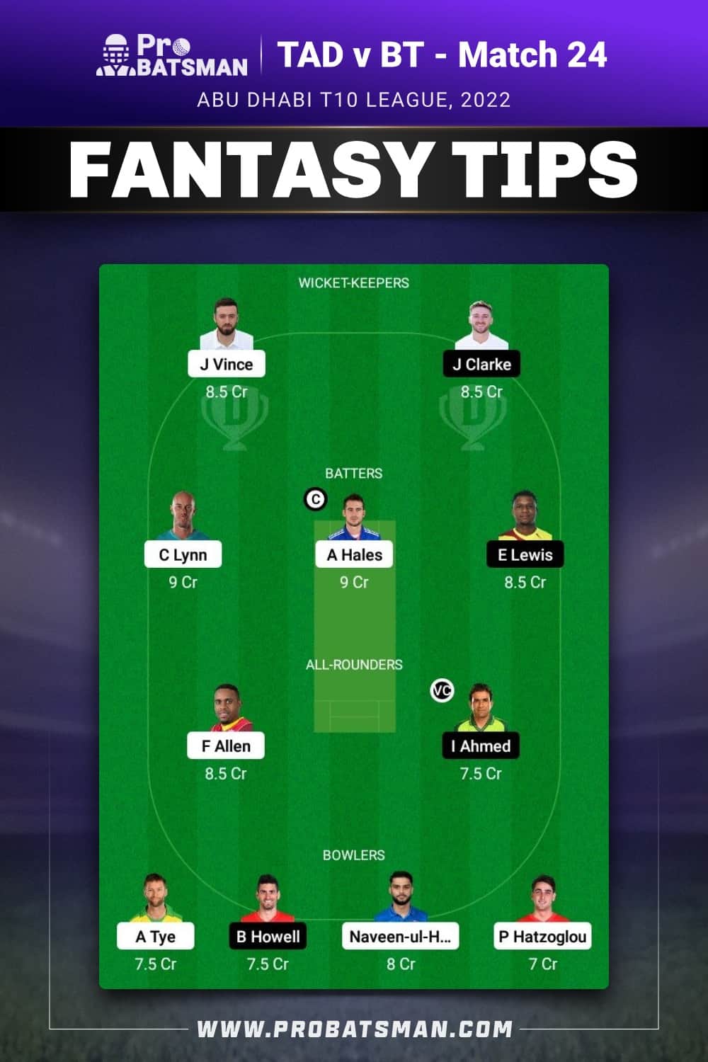 TAD vs BT Dream11 Prediction - Fantasy Team 2