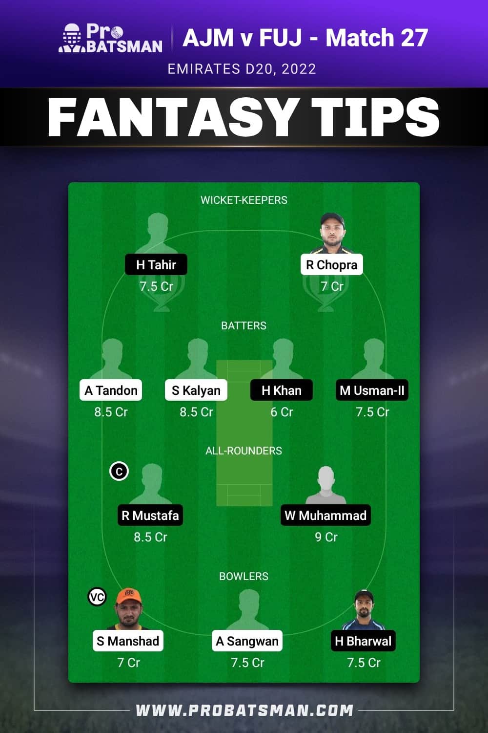 AJM vs FUJ Dream11 Prediction - Fantasy Team 1