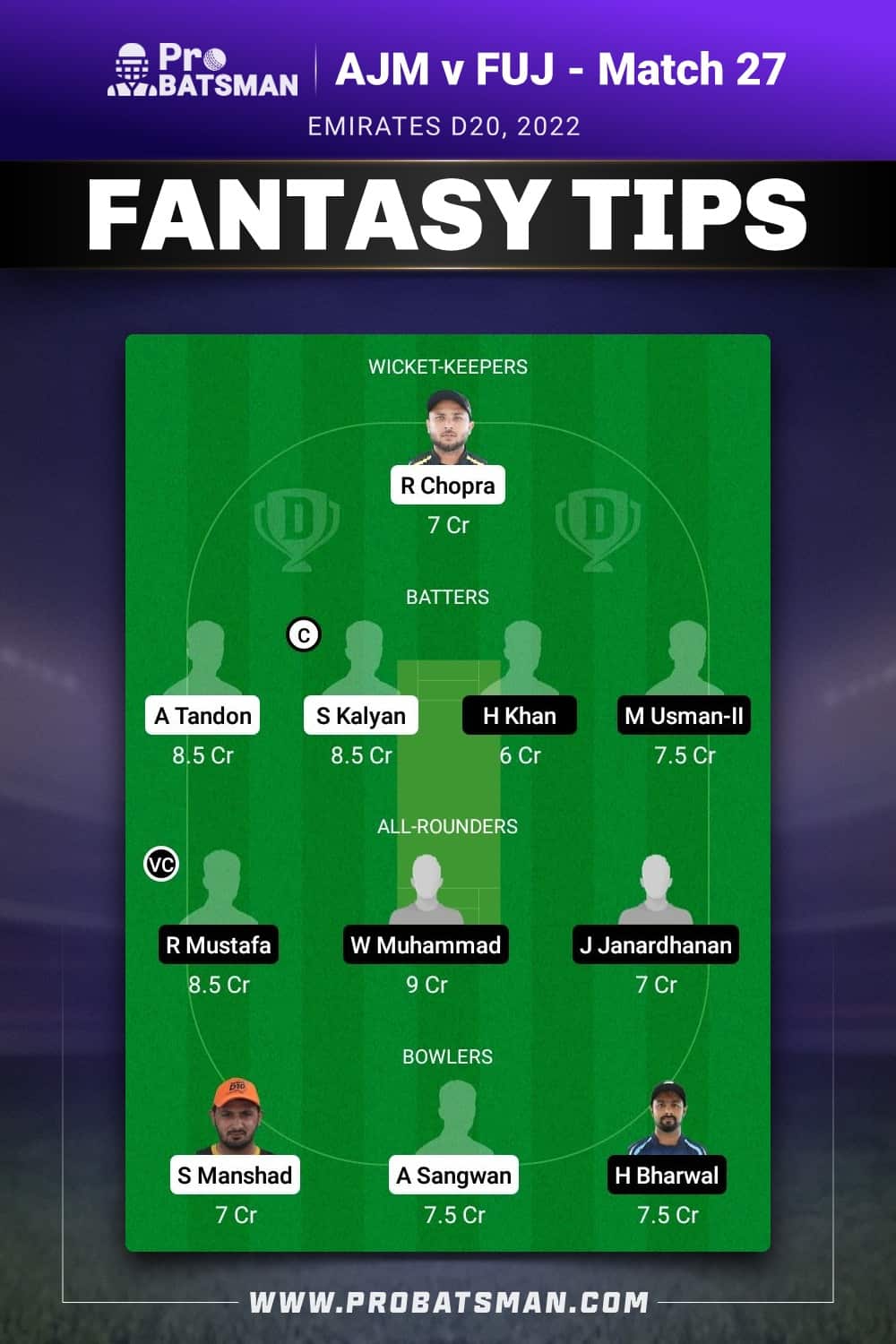 AJM vs FUJ Dream11 Prediction - Fantasy Team 2