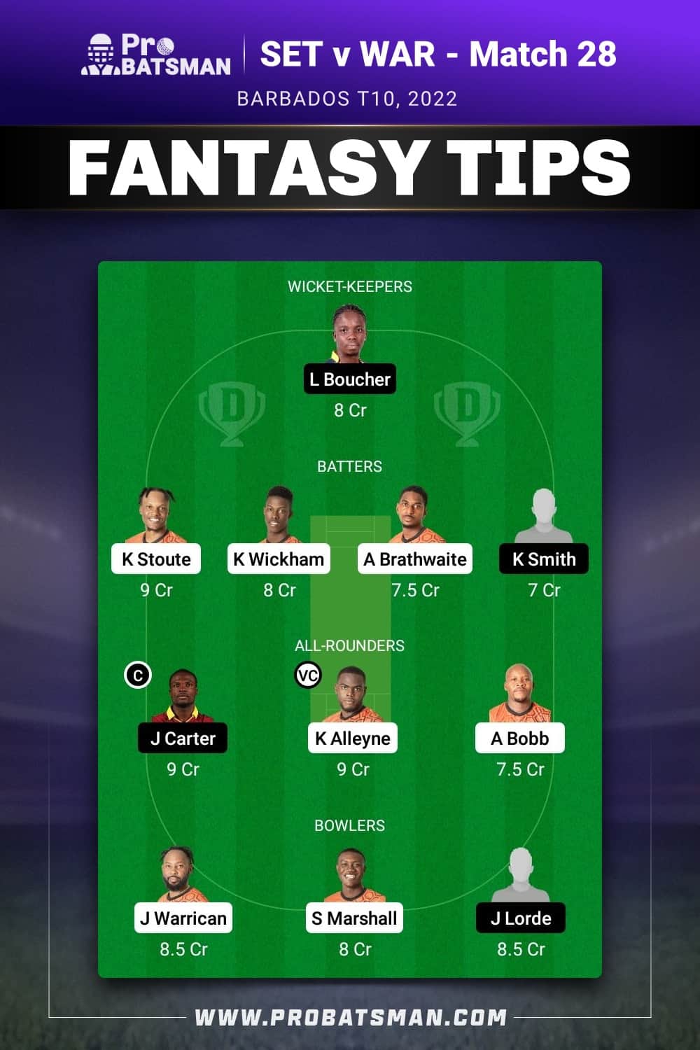 SET vs WAR Dream11 Prediction - Fantasy Team 1