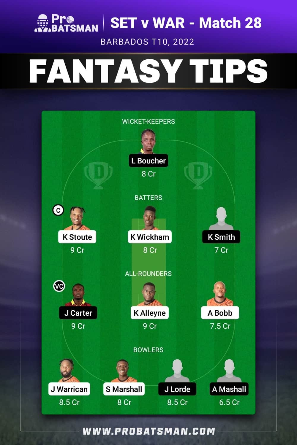 SET vs WAR Dream11 Prediction - Fantasy Team 2