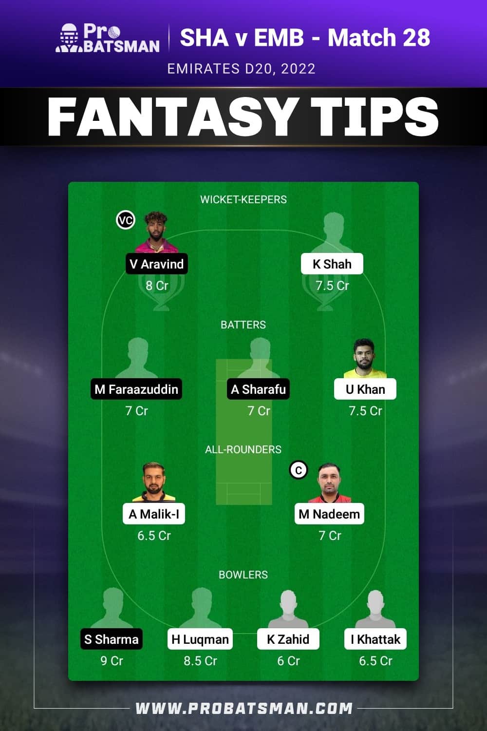 SHA vs EMB Dream11 Prediction - Fantasy Team 1