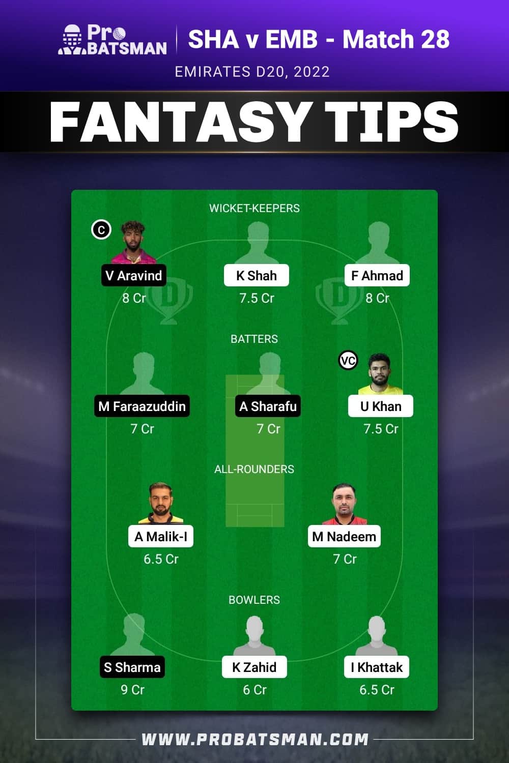 SHA vs EMB Dream11 Prediction - Fantasy Team 2 SHA vs EMB Dream11 Prediction - Fantasy Team 2