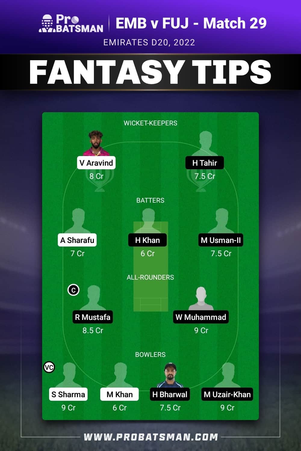 EMB vs FUJ Dream11 Prediction - Fantasy Team 1