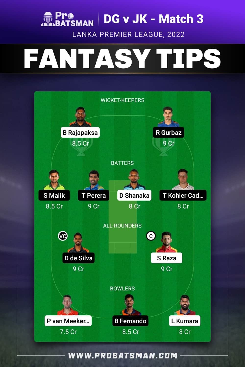 DG vs JK Dream11 Prediction - Fantasy Team 1