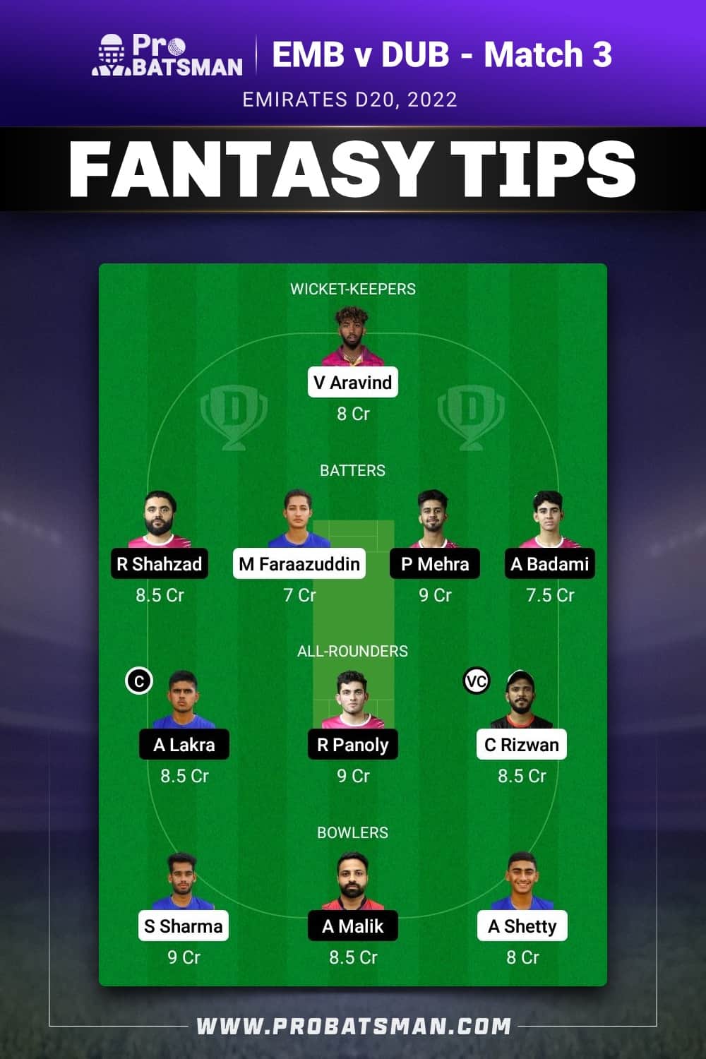 EMB vs DUB Dream11 Prediction - Fantasy Team 1