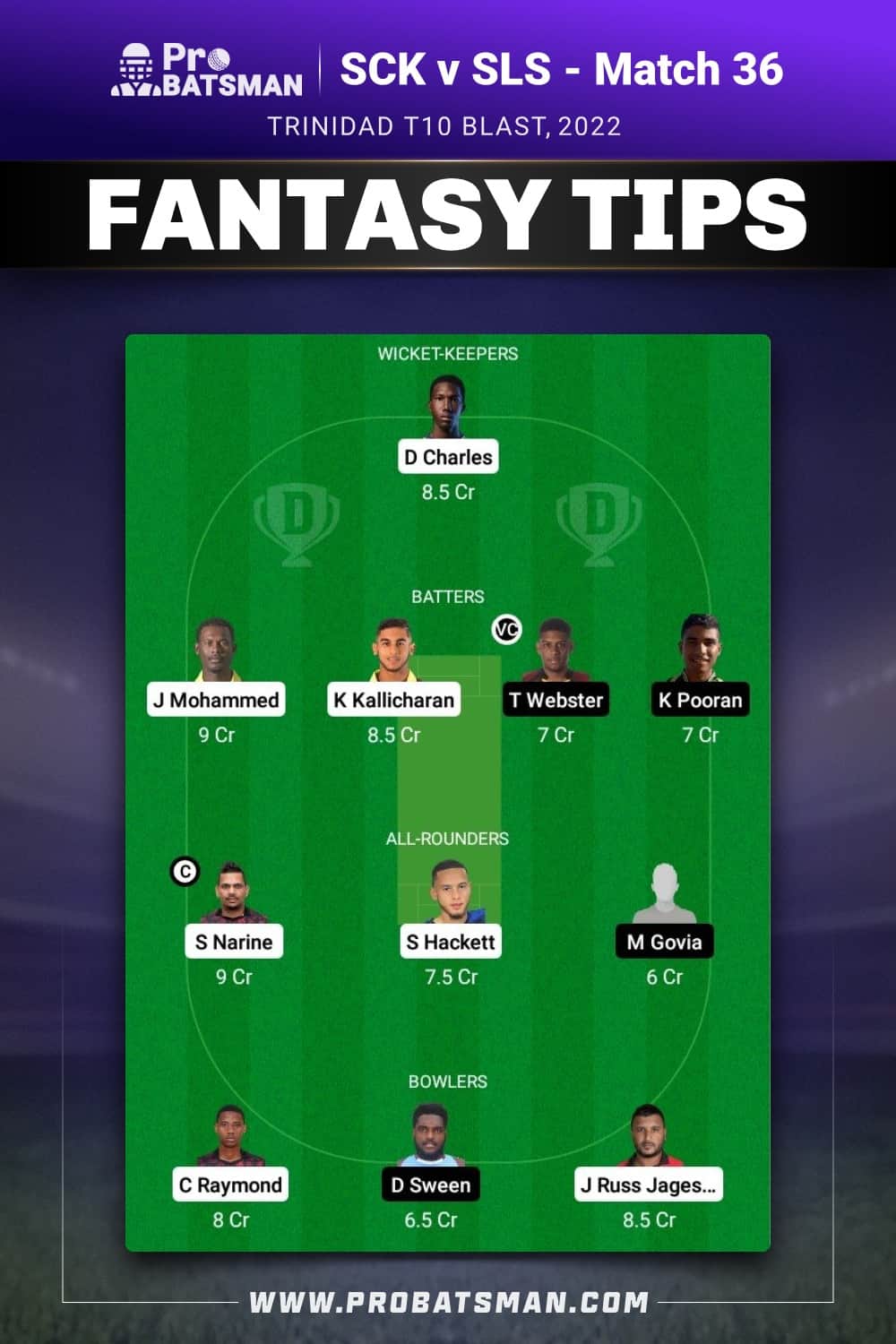 SCK vs SLS Dream11 Prediction - Fantasy Team 1