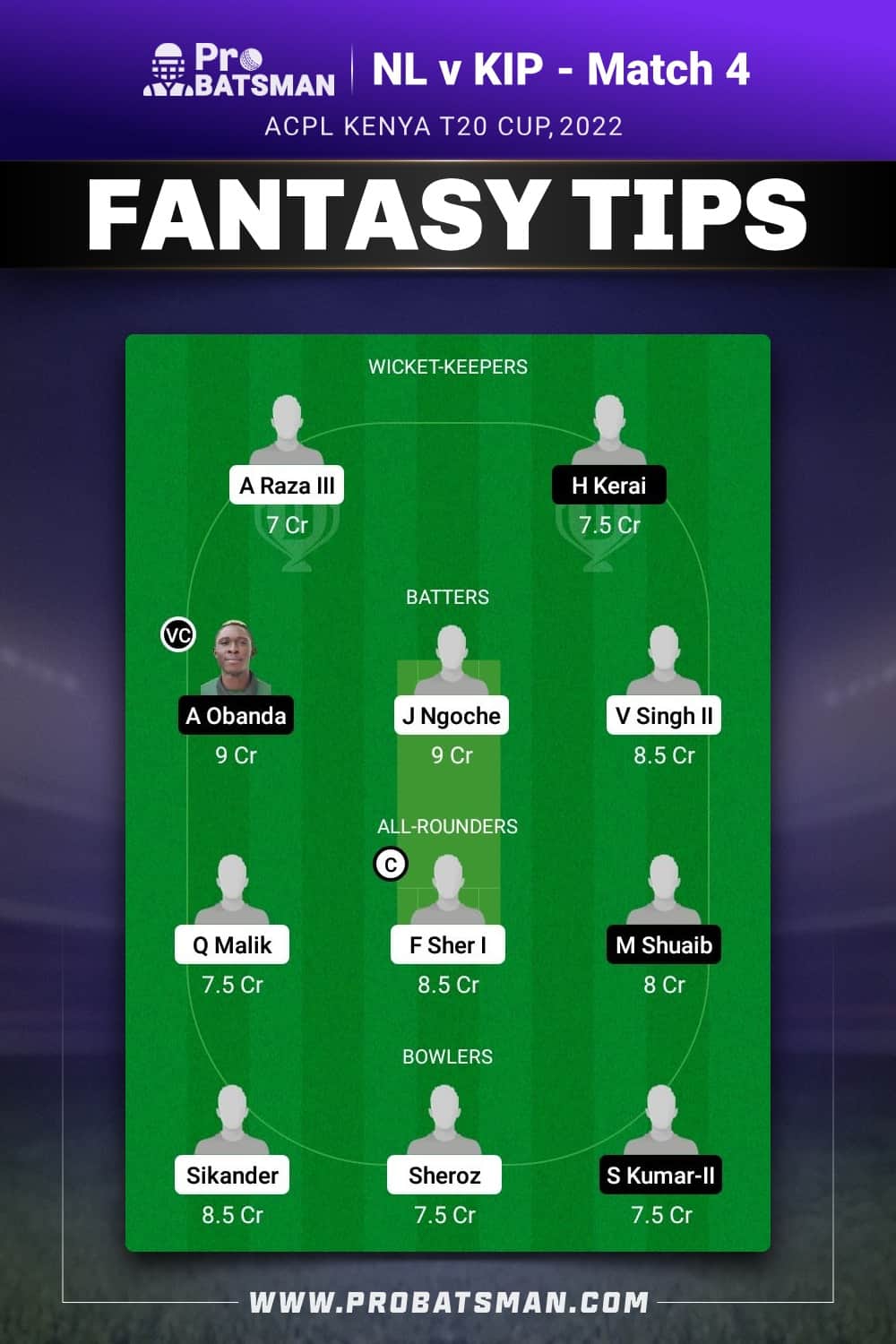 NL vs KIP Dream11 Prediction - Fantasy Team 1