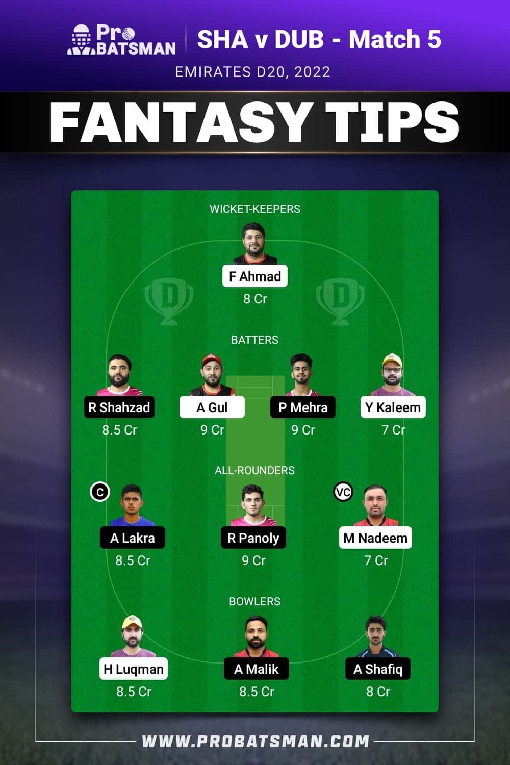 SHA vs DUB Dream11 Prediction - Fantasy Team 1