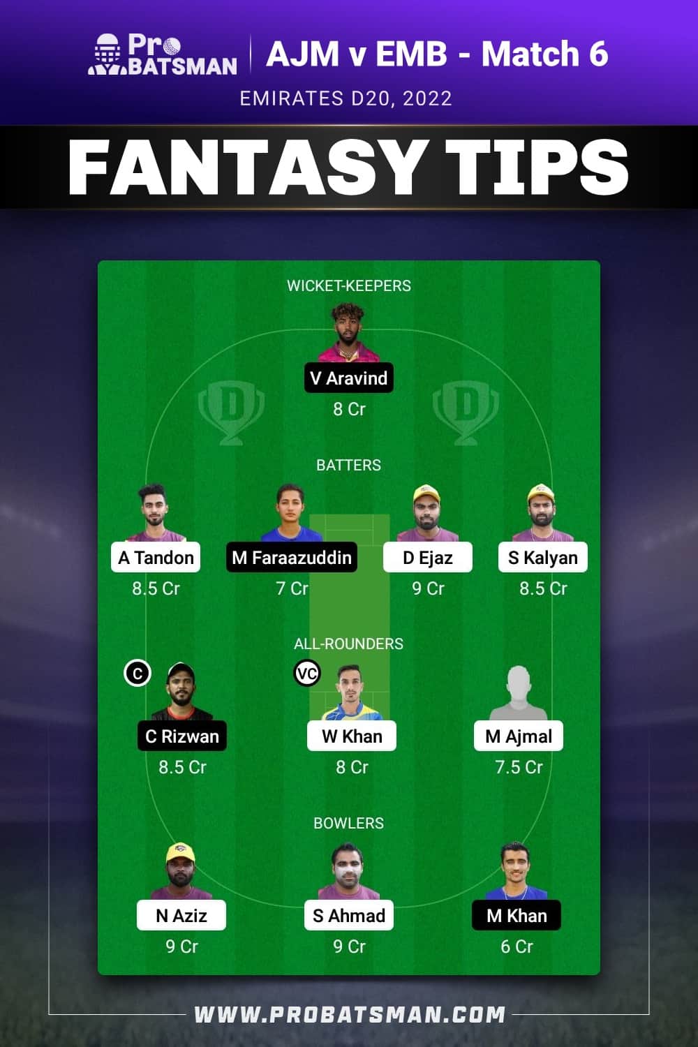 AJM vs EMB Dream11 Prediction - Fantasy Team 1