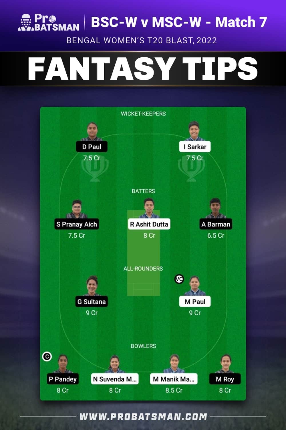 BSC-W vs MSC-W Dream11 Prediction - Fantasy Team 2