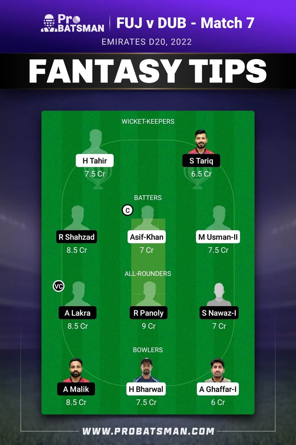 FUJ vs DUB Dream11 Prediction - Fantasy Team 1