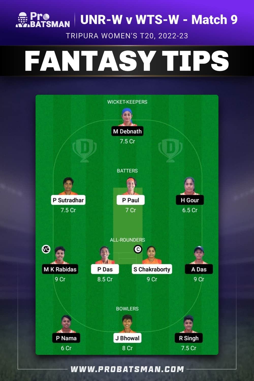 UNR-W vs WTS-W Dream11 Prediction - Fantasy Team 1