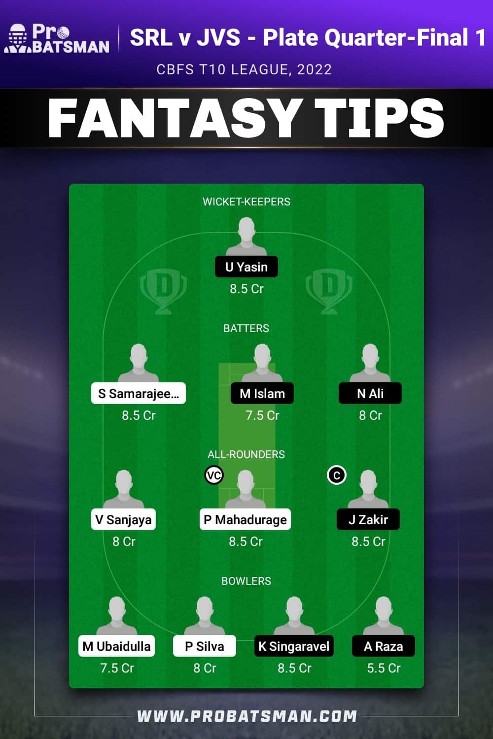 SRL vs JVS Dream11 Prediction - Fantasy Team 1